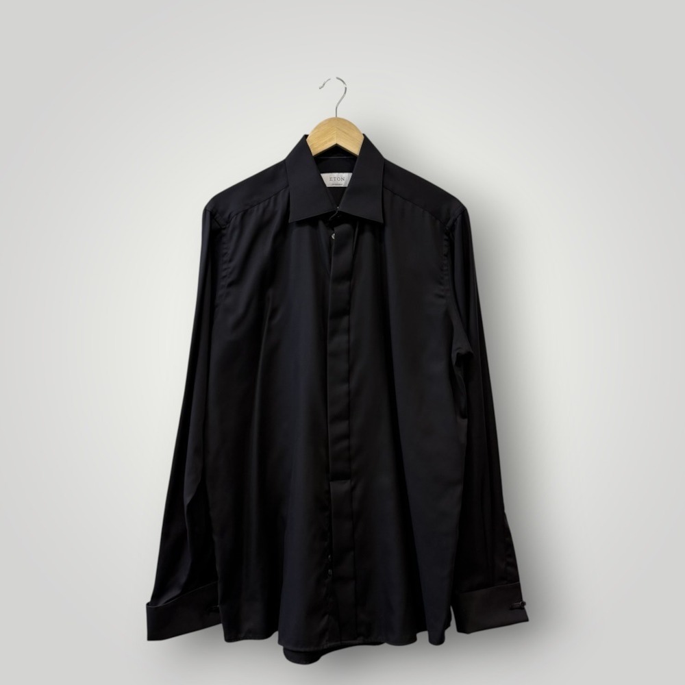 Eton Black Signature Twill Contemporary Fit Fly Front Dress Shirt 16.5 42